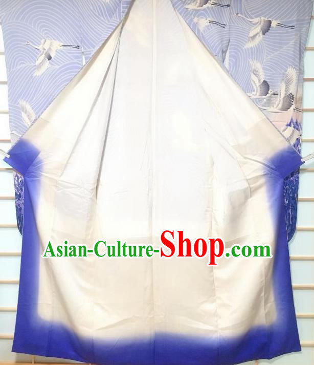 Japanese Traditional Embroidered Crane Blue Furisode Kimono Japan Yukata Dress Costume for Women