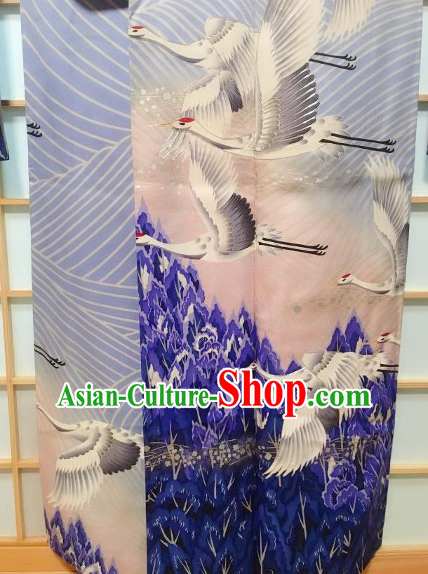 Japanese Traditional Embroidered Crane Blue Furisode Kimono Japan Yukata Dress Costume for Women