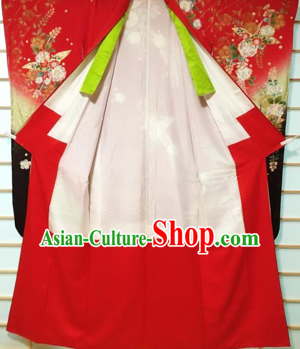 Japanese Traditional Embroidered Camellia Red Furisode Kimono Japan Yukata Dress Costume for Women