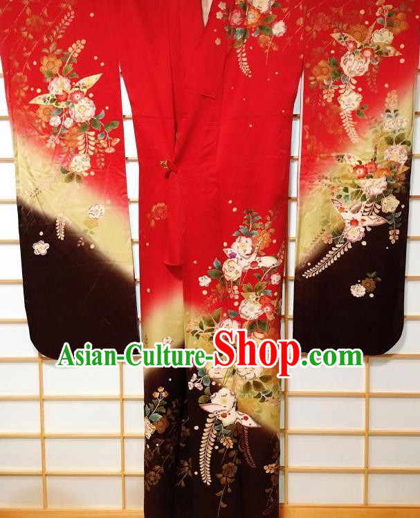 Japanese Traditional Embroidered Camellia Red Furisode Kimono Japan Yukata Dress Costume for Women
