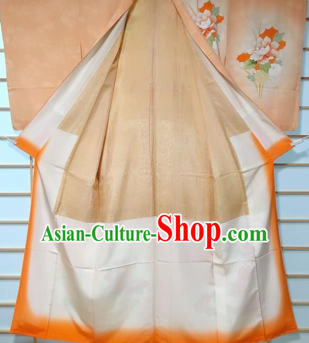 Japanese Traditional Printing Peony Orange Furisode Kimono Japan Yukata Dress Costume for Women