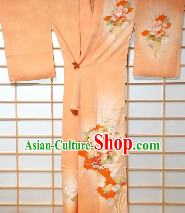 Japanese Traditional Printing Peony Orange Furisode Kimono Japan Yukata Dress Costume for Women