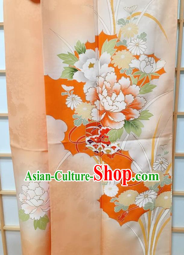 Japanese Traditional Printing Peony Orange Furisode Kimono Japan Yukata Dress Costume for Women