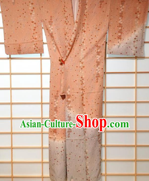 Japanese Traditional Printing Flowers Orange Furisode Kimono Japan Yukata Dress Costume for Women