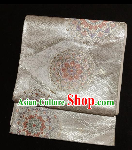 Japanese Traditional Embroidered Grey Brocade Waistband Japan Kimono Yukata Belt for Women