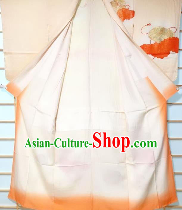 Traditional Japanese Printing Light Orange Furisode Kimono Japan Yukata Dress Costume for Women