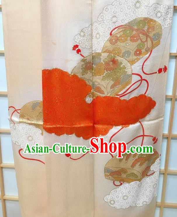 Traditional Japanese Printing Light Orange Furisode Kimono Japan Yukata Dress Costume for Women