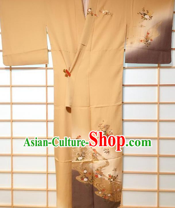 Traditional Japanese Printing Peony Ginger Furisode Kimono Japan Yukata Dress Costume for Women