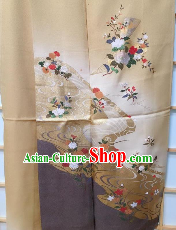Traditional Japanese Printing Peony Ginger Furisode Kimono Japan Yukata Dress Costume for Women