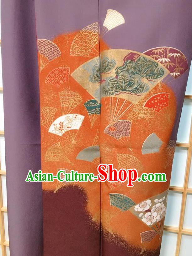 Traditional Japanese Classical Fans Pattern Purple Kimono Japan Yukata Dress Costume for Women