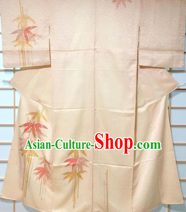Traditional Japanese Classical Bamboo Pattern Beige Furisode Kimono Japan Yukata Dress Costume for Women