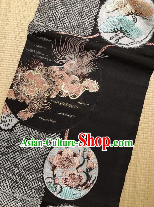 Japanese Traditional Embroidered Lion Black Brocade Waistband Japan Kimono Yukata Belt for Women