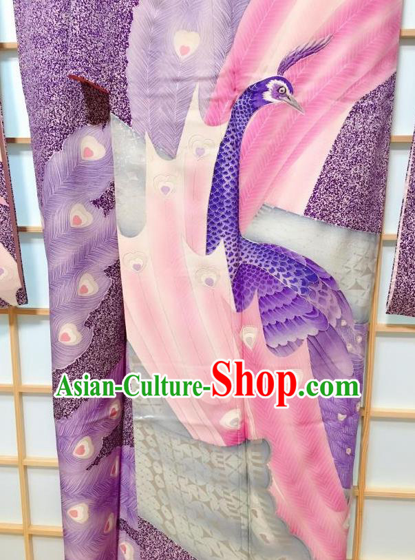 Japanese Traditional Peacock Pattern Purple Silk Furisode Kimono Japan Yukata Dress Costume for Women