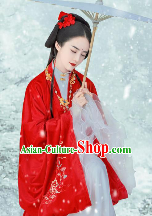 Ancient Chinese Ming Dynasty Court Lady Red Hanfu Dress Replica Costumes and Headpiece for Women