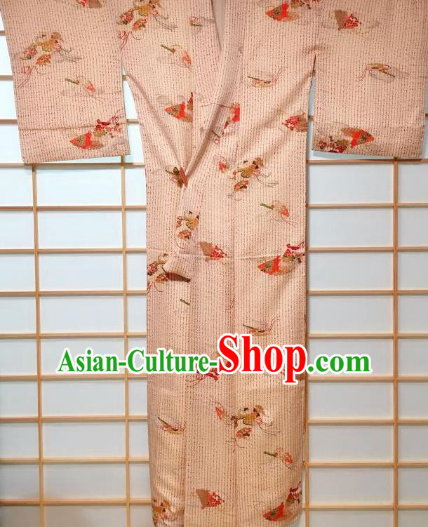 Japanese Classical Printing Apricot Tsukesage Kimono Japan Traditional Yukata Dress Costume for Women