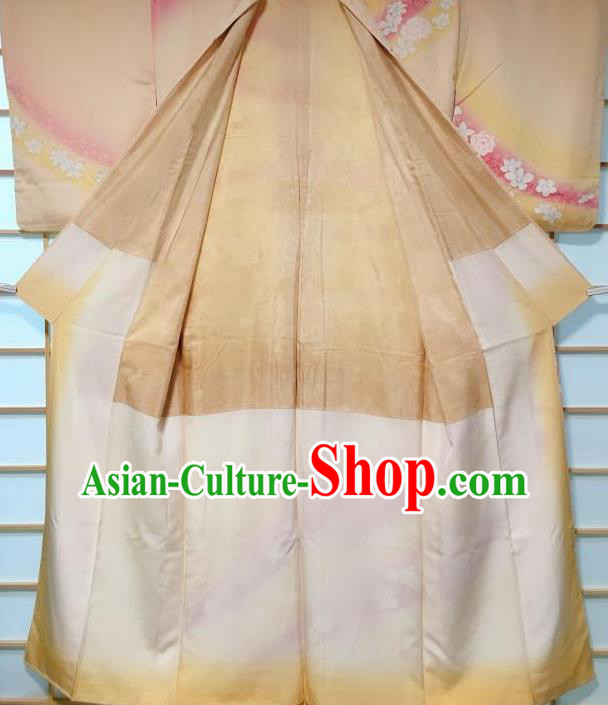 Japanese Classical Sakura Pattern Apricot Kimono Japan Traditional Yukata Dress Costume for Women
