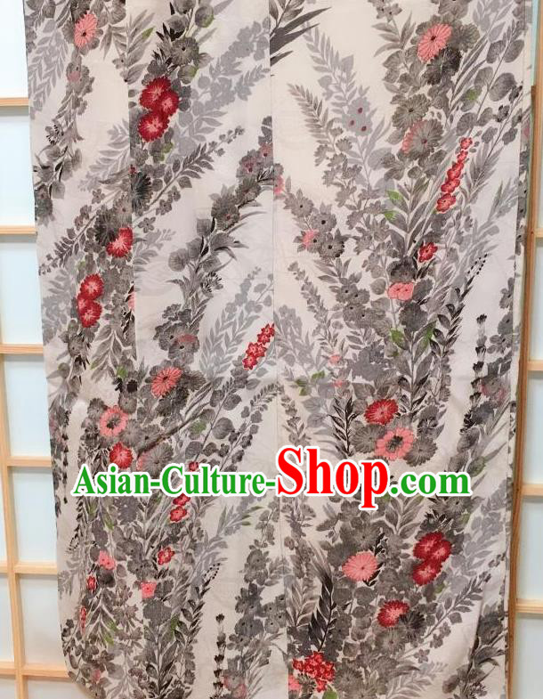 Traditional Japanese Grey Kimono Japan Classical Flowers Pattern Yukata Dress Costume for Women