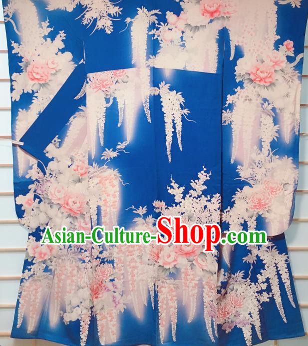 Traditional Japanese Deep Blue Furisode Kimono Japan Classical Peony Pattern Yukata Dress Costume for Women