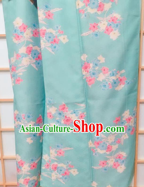 Traditional Japanese Green Kimono Japan Classical Flowers Pattern Yukata Dress Costume for Women
