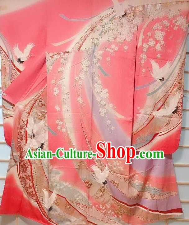 Japanese Classical Sakura Crane Pattern Pink Furisode Kimono Japan Traditional Yukata Dress Costume for Women