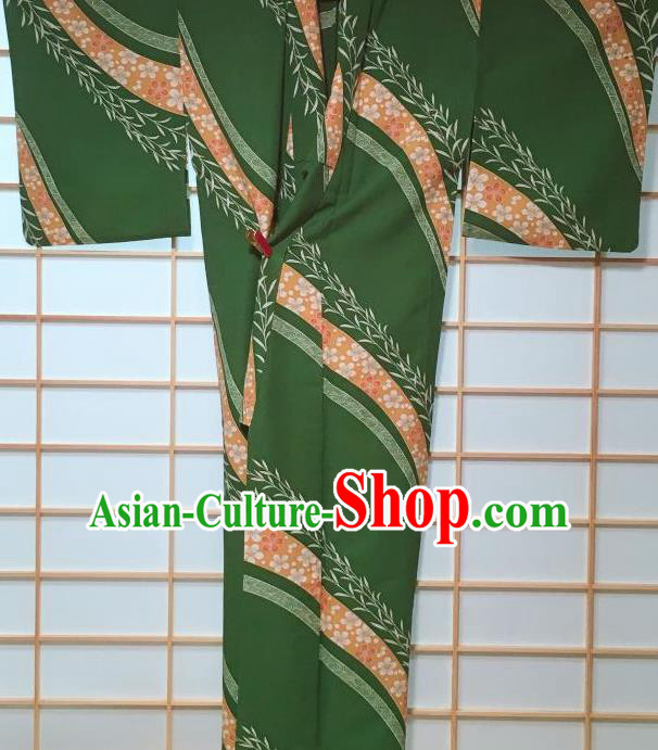 Japanese Classical Sakura Pattern Green Kimono Japan Traditional Yukata Dress Costume for Women