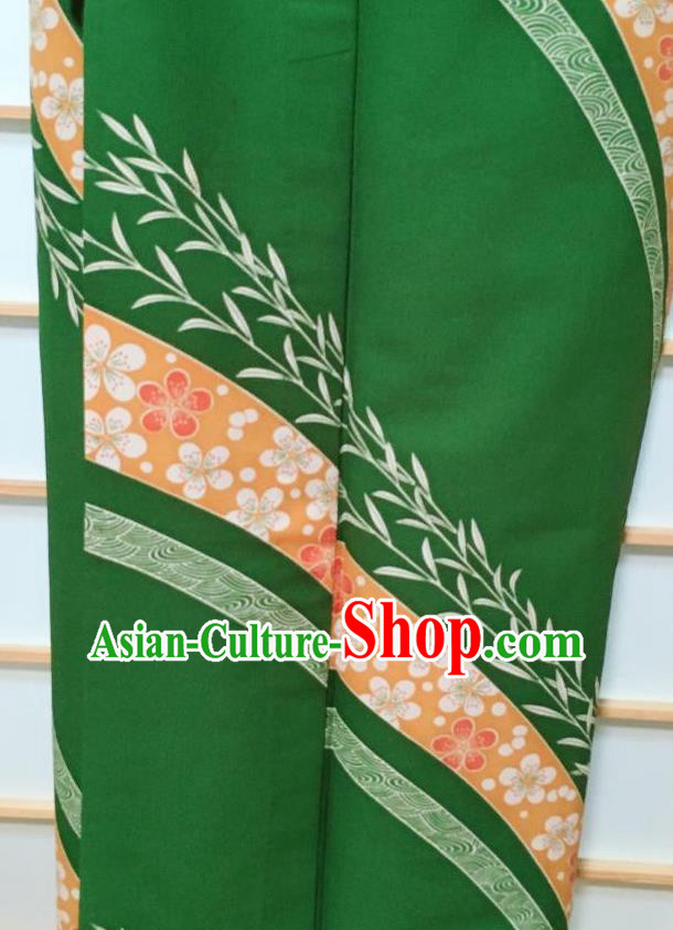 Japanese Classical Sakura Pattern Green Kimono Japan Traditional Yukata Dress Costume for Women