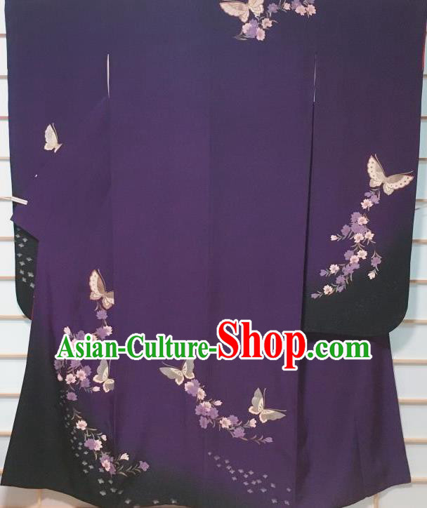Traditional Japanese Purple Furisode Kimono Japan Classical Butterfly Pattern Yukata Dress Costume for Women