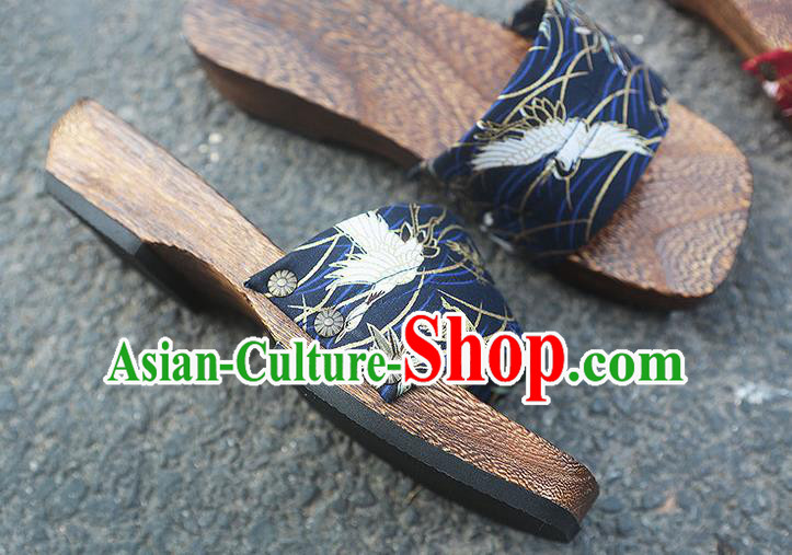 Traditional Japanese Crane Pattern Navy Slippers Geta Asian Japan Clogs Shoes for Women