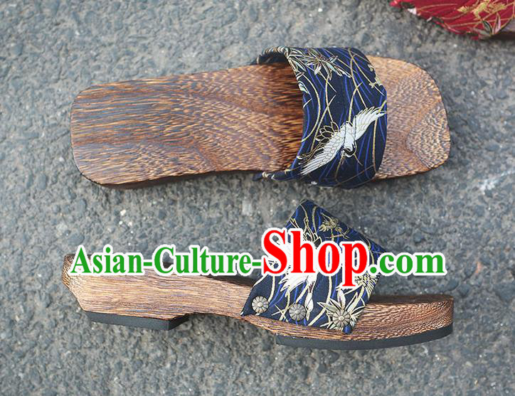 Traditional Japanese Crane Pattern Navy Slippers Geta Asian Japan Clogs Shoes for Women