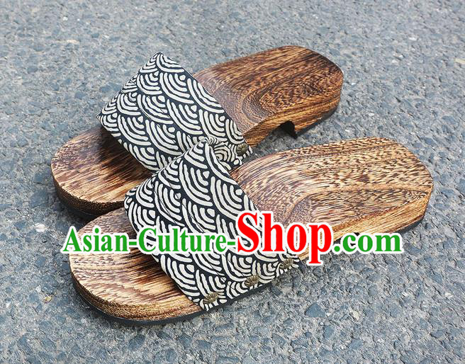 Traditional Japanese Waves Pattern Black Geta Slippers Asian Japan Clogs Shoes for Men