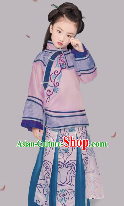 Chinese Ancient Patrician Children Pink Hanfu Dress Traditional Qing Dynasty Princess Replica Costumes for Kids