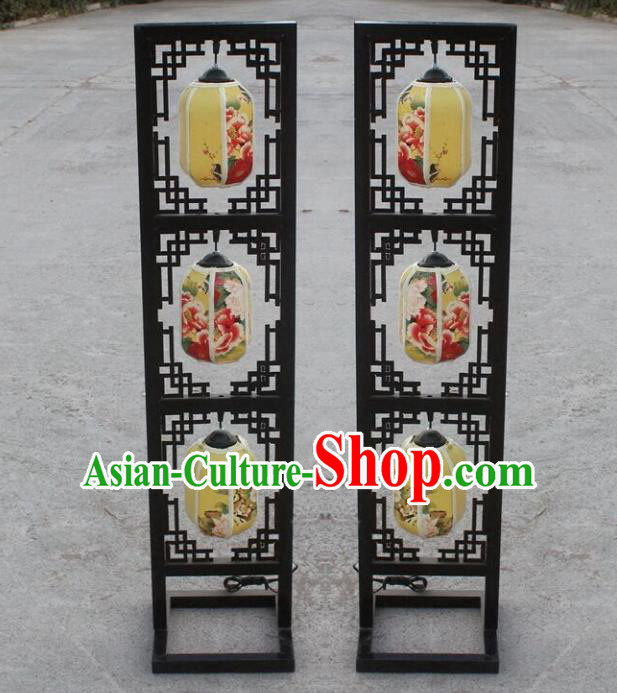 Chinese Traditional Printing Peony Yellow Lamp Wedding Floor Lanterns Handmade Palace Lantern