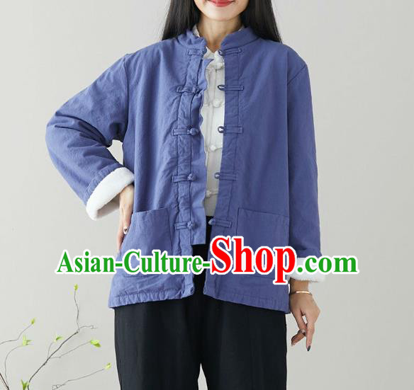 Traditional Chinese Tang Suit Blue Cotton Padded Jacket Li Ziqi Costume for Women
