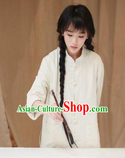 Traditional Chinese Tang Suit White Flax Shirt Li Ziqi Blouse Upper Outer Garment Costume for Women