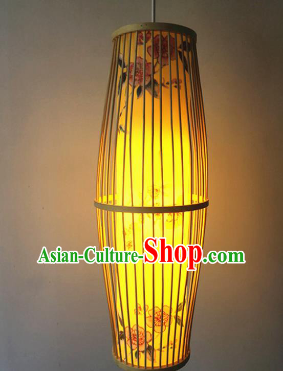 Traditional Chinese Printing Peach Flowers Yellow Hanging Lanterns Handmade Lantern Bamboo Art Scaldfish Lamp