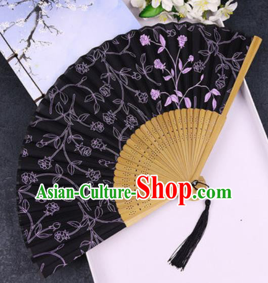 Chinese Traditional Classical Dance Printing Black Silk Folding Fans Handmade Accordion Bamboo Fan