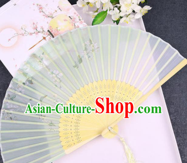 Chinese Traditional Classical Dance Printing Green Silk Folding Fans Handmade Accordion Bamboo Fan