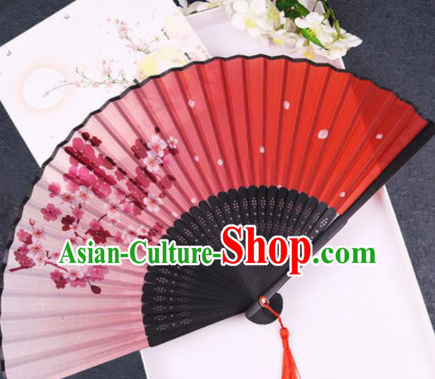 Chinese Traditional Classical Dance Printing Plum Blossom Red Silk Folding Fans Handmade Accordion Bamboo Fan
