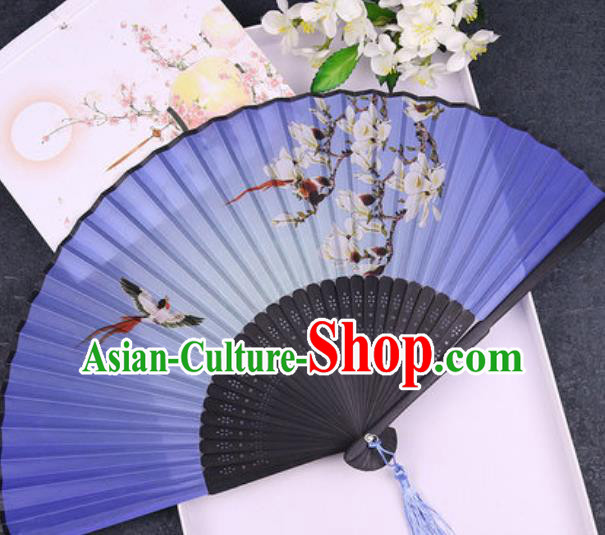 Chinese Traditional Classical Dance Printing Mangnolia Blue Silk Folding Fans Handmade Accordion Bamboo Fan