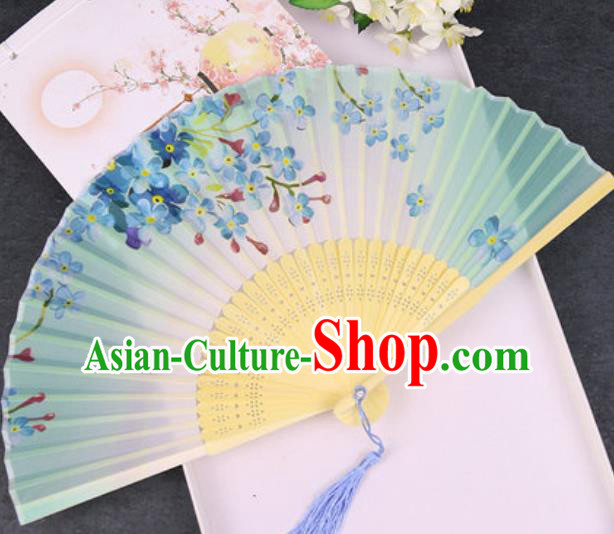 Chinese Traditional Classical Dance Printing Flowers Green Silk Folding Fans Handmade Accordion Bamboo Fan