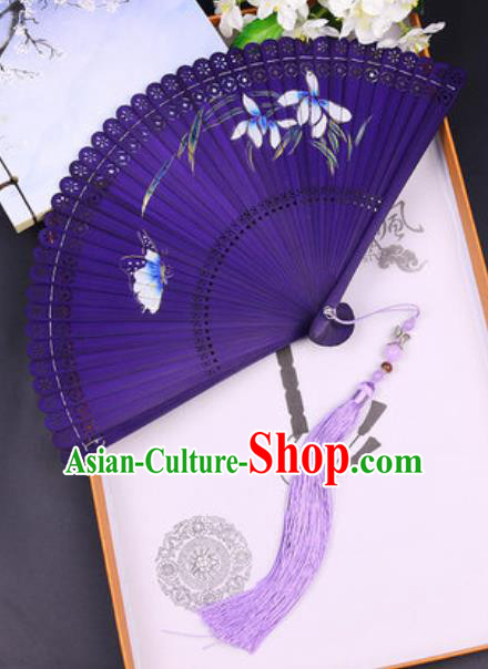 Chinese Traditional Painting Orchid Butterfly Purple Bamboo Folding Fans Handmade Accordion Classical Dance Fan
