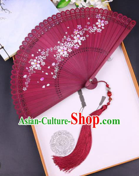 Chinese Traditional Painting Sakura Red Bamboo Folding Fans Handmade Accordion Classical Dance Fan