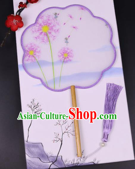 Chinese Traditional Painting Dandelion Lilac Palace Fans Handmade Classical Dance Silk Fan for Women