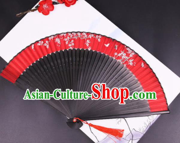 Chinese Traditional Painting Plum Butterfly Red Silk Folding Fans Handmade Accordion Classical Dance Bamboo Fan