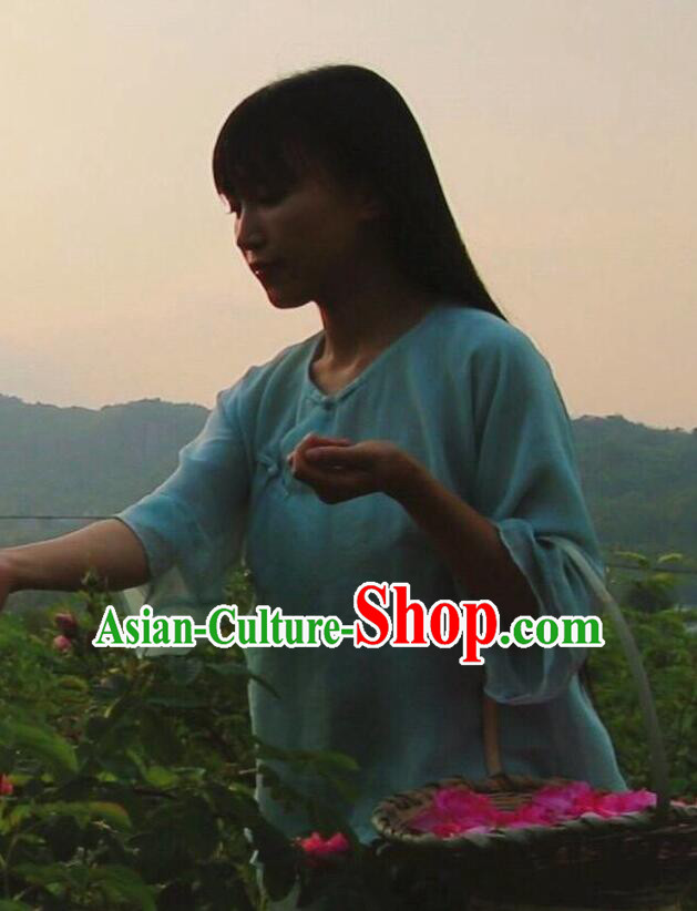 Traditional Chinese Tang Suit Blue Flax Blouse Blogger Li Ziqi Shirt Costume for Women