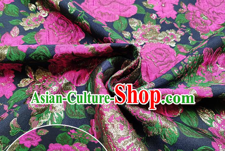Chinese Classical Roses Pattern Design Navy Brocade Fabric Asian Traditional Hanfu Satin Material