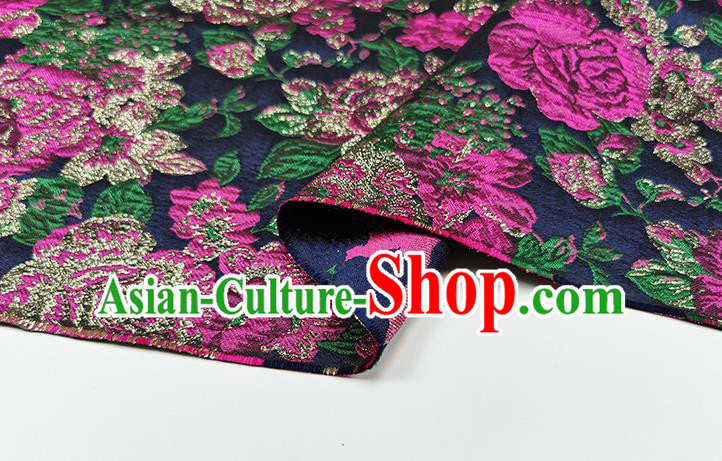 Chinese Classical Roses Pattern Design Navy Brocade Fabric Asian Traditional Hanfu Satin Material