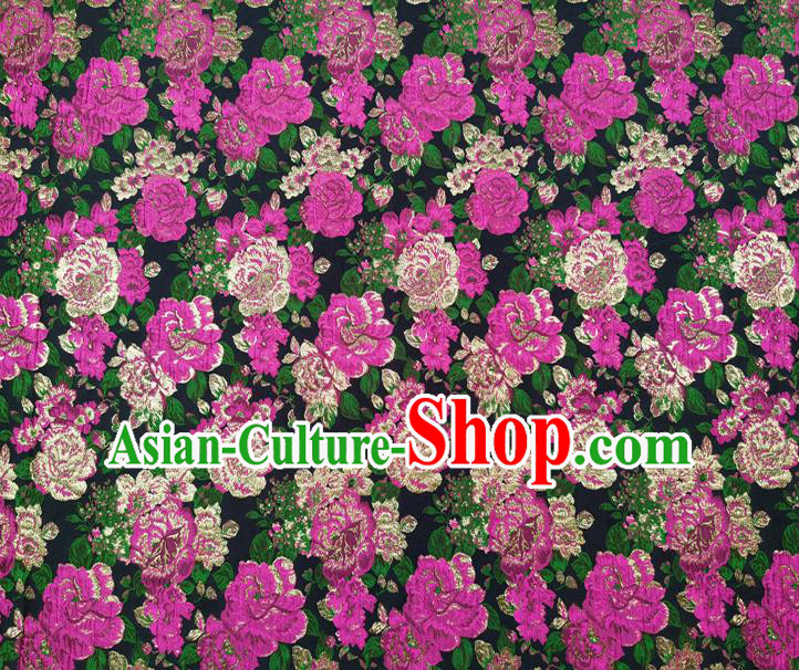 Chinese Classical Roses Pattern Design Navy Brocade Fabric Asian Traditional Hanfu Satin Material