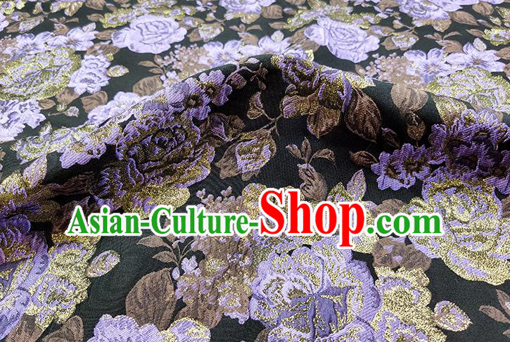 Chinese Classical Purple Roses Pattern Design Green Brocade Fabric Asian Traditional Hanfu Satin Material