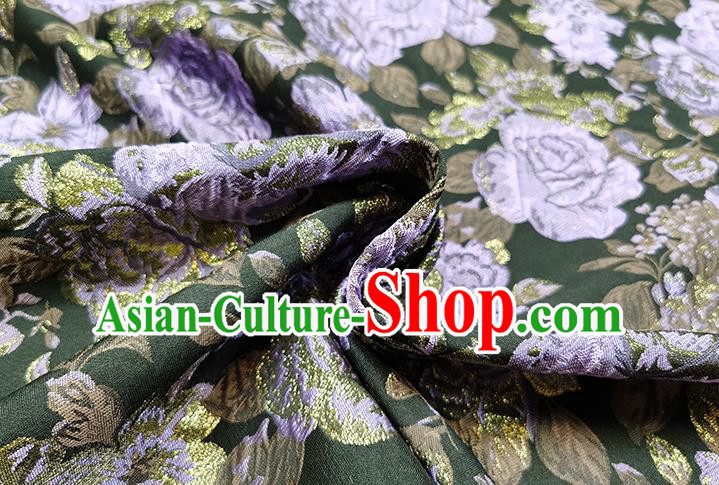 Chinese Classical Purple Roses Pattern Design Green Brocade Fabric Asian Traditional Hanfu Satin Material